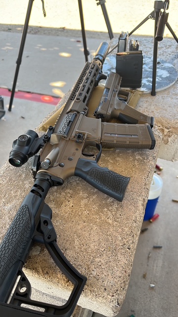 FDE SBR and pistol pair — desert range bench