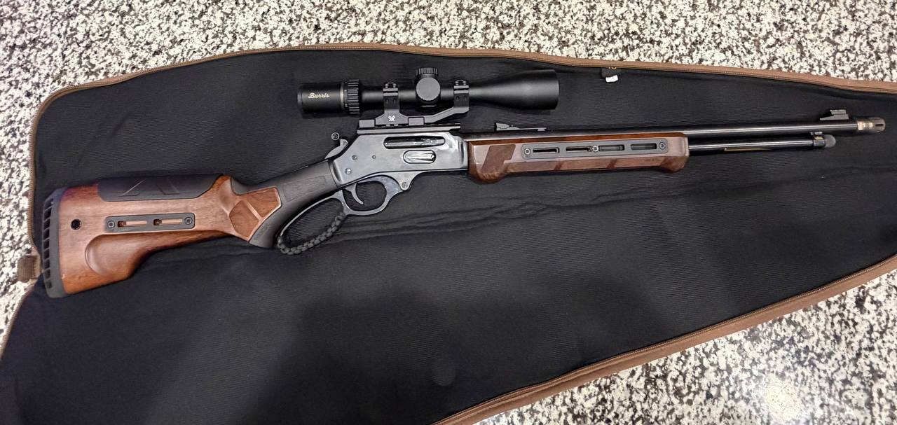 Marlin lever-action — Burris scope, walnut furniture, cased and ready