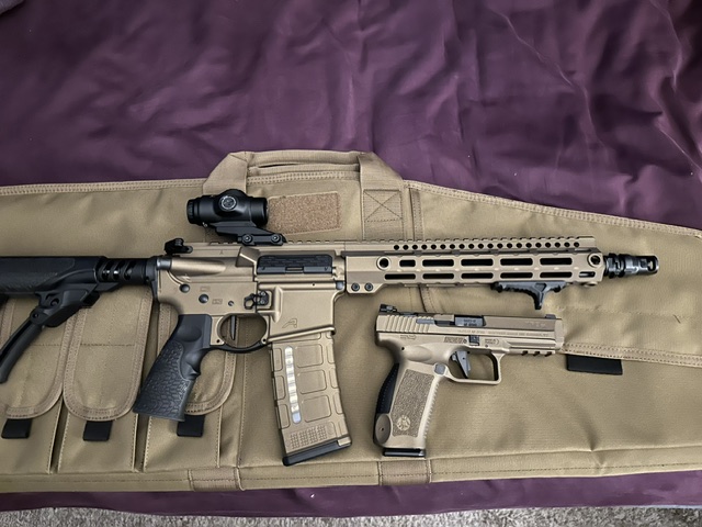 FDE AR-15 and handgun matched set — bagged and ready