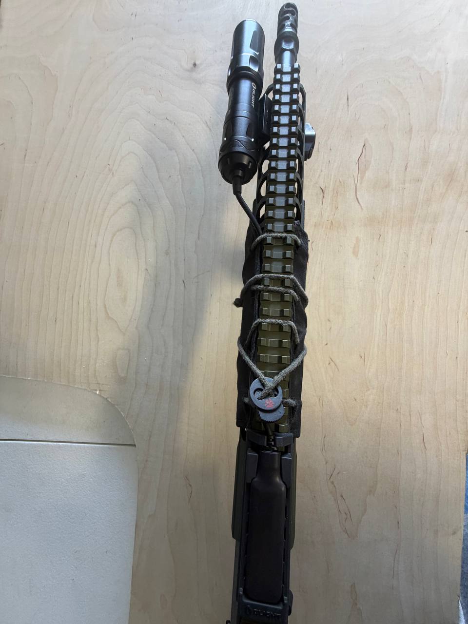 Top-down carbine — Olight weapon light, Magpul rail cover, iron sights
