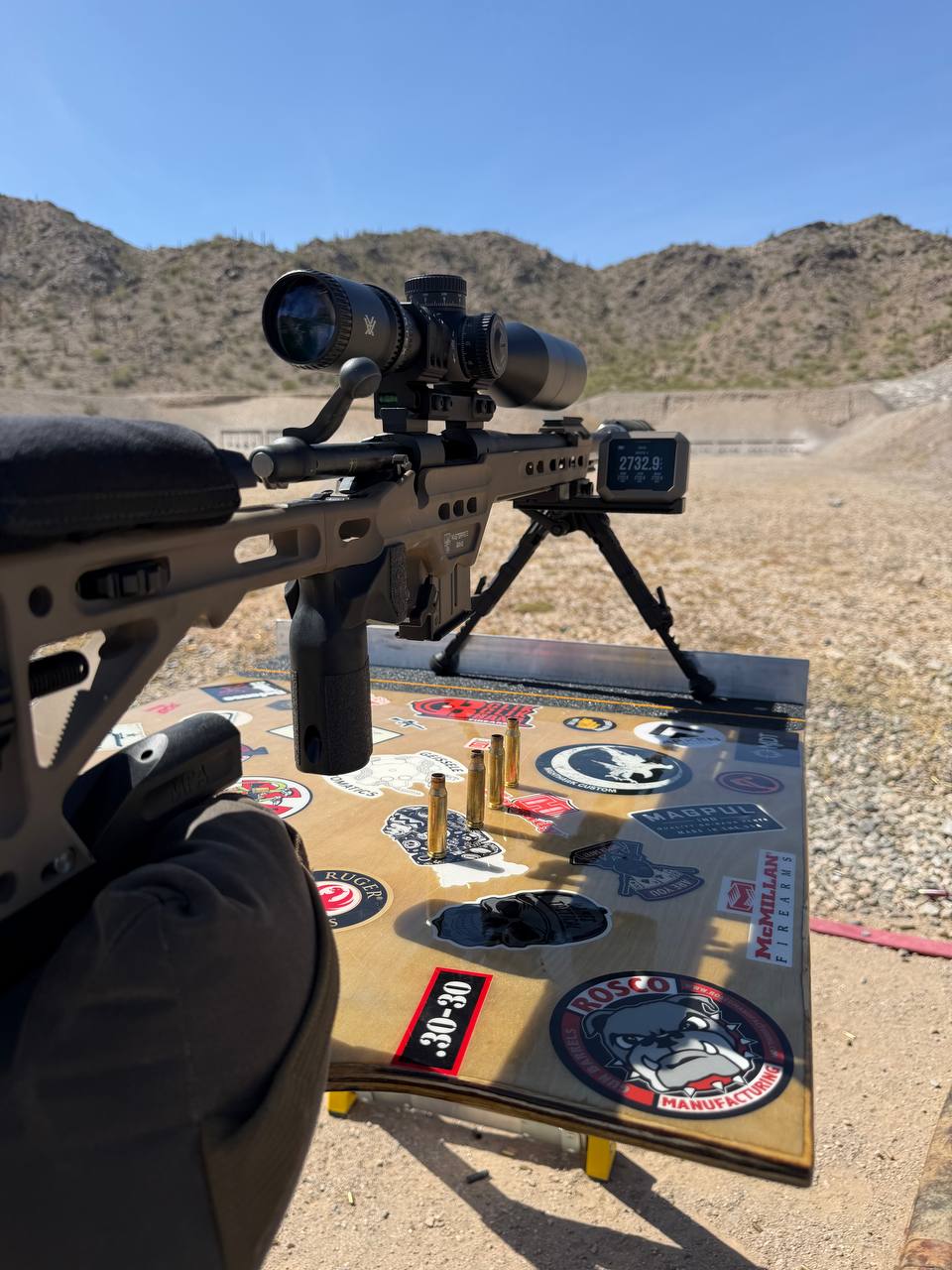Custom .308 precision rifle on the BTA bench — ample support and equipment clearance for long-range work